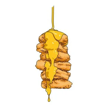 A drawing of a stack of fried chicken nugget with down melted yellow mustard sau Stock Illustration