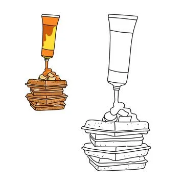 A drawing of a stack of pancakes waffle and honey , banana slice syrup for break Stock Illustration