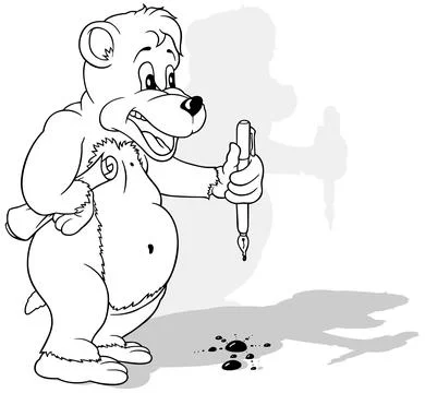 Drawing of a Standing Bear with a Writing Pen in its Paw Illustrazione stock