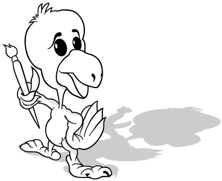Drawing of a Standing Bird with a Paintbrush Stock Illustration