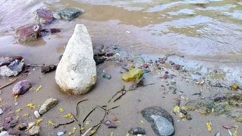 Drawing by stick on wet sand. Stock Footage 79049695