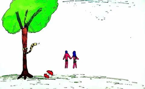 Drawing style representing Adam and Eve walking away after eating the Stock-Illustration