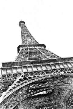Drawing style representing a bottom view of the Eiffel Tower in Paris Stock Illustration