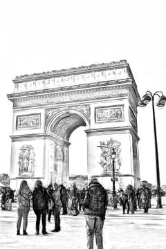 Drawing style representing a glimpse of the Arc de Triomphe in Paris Illustration