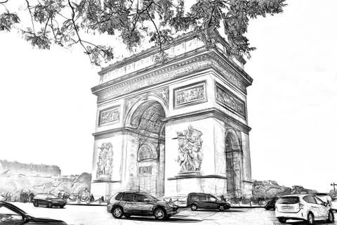 Drawing style representing a glimpse of the Arc de Triomphe in Paris Stock Illustration