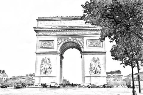 Drawing style representing a glimpse of the Arc de Triomphe in Paris Stock Illustration