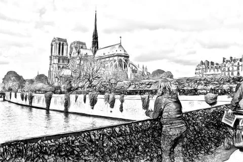 Drawing style representing a glimpse of the Notre Dame cathedral seen from on Illustrazione stock