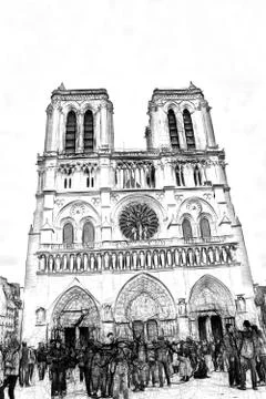 Drawing style representing the main facade of the Notre Dame cathedral in Par Illustrazione stock