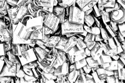 Drawing style representing the padlocks attached to one of the bridges in Par Stock Illustration