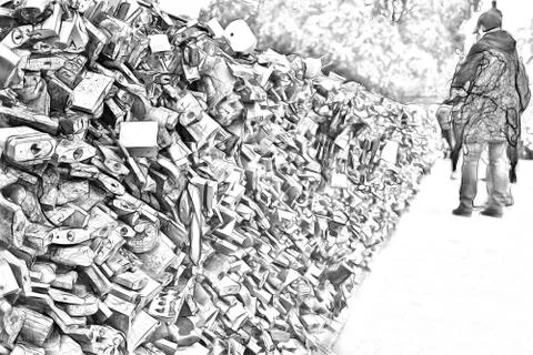 Drawing style representing the padlocks attached to one of the bridges in Par Stock Illustration