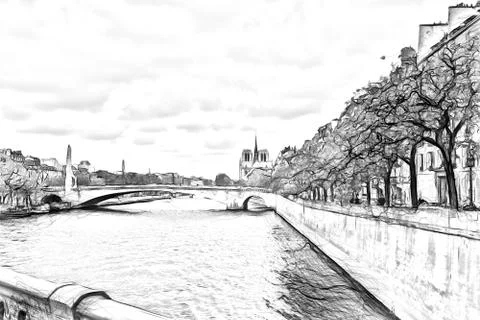 Drawing style representing a view of the Notre Dame cathedral viewed from a d Illustrazione stock