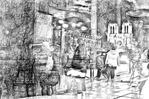 Drawing style that represents an evening glimpse of the Notre Dame cathedral イラスト素材