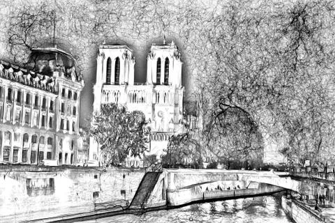 Drawing style that represents an evening glimpse of the Notre Dame cathedral イラスト素材