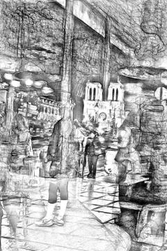 Drawing style that represents an evening glimpse of the Notre Dame cathedral Illustrazione stock