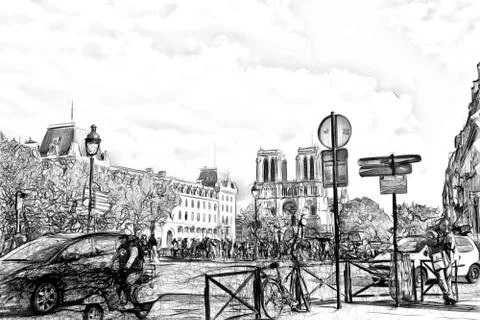 Drawing style that represents an evening glimpse of the Notre Dame cathedral イラスト素材