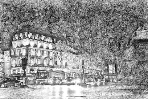 Drawing style that represents an evening glimpse of one of the squares in the 스톡 사진