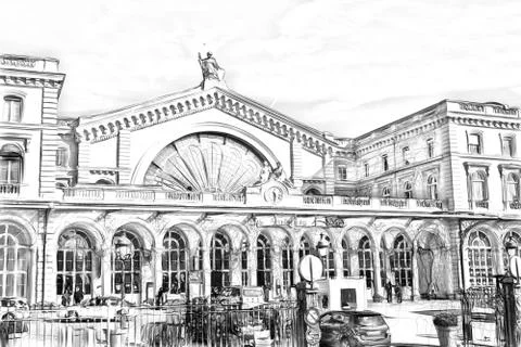 Drawing style that represents a glimpse of a historical building in Paris Foto stock