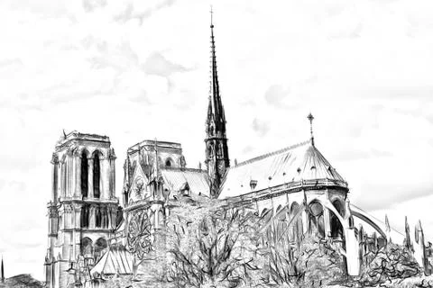 Drawing style that represents a glimpse of the Notre Dame cathedral in Paris Stock Illustration