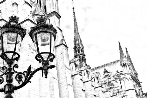 Drawing style that represents a glimpse of the Notre Dame cathedral in Paris Stock-Illustration