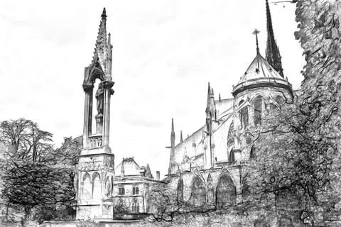 Drawing style that represents a glimpse of the Notre Dame cathedral in Paris Illustrazione stock
