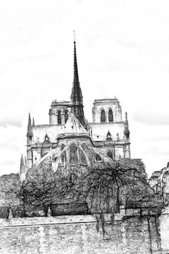 Drawing style that represents a glimpse of the Notre Dame cathedral in Paris Stock Illustration