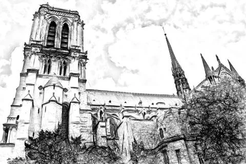 Drawing style that represents a glimpse of the Notre Dame cathedral in Paris Stock-Illustration