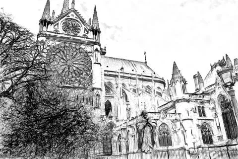 Drawing style that represents a glimpse of the Notre Dame cathedral in Paris Stock Illustration