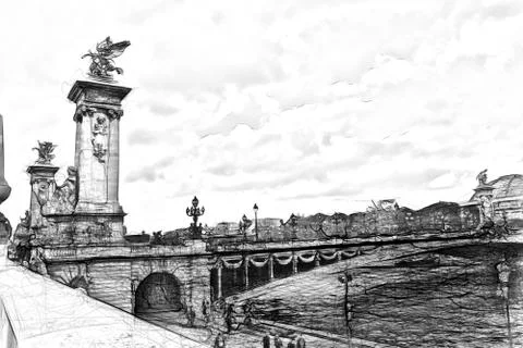 Drawing style that represents a glimpse of one of the bridges of Paris Stock Photos