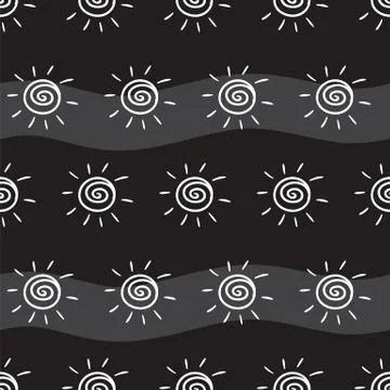 Drawing sun on black striped background. Pattern painting sun on black Stock Illustration