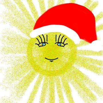 Drawing of the sun on a white background with a face Stock Illustration