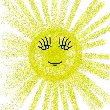 Drawing of the sun on a white background with a face Stock Illustration