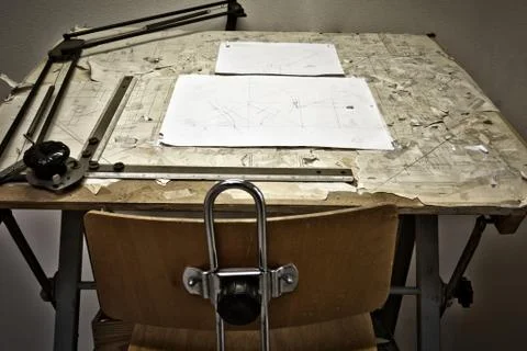 Drawing table with blueprints, architect table, vintage, sketches close up Stock Photos