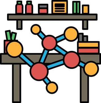 A drawing of a table with a bunch of books and a bottle of something on it Stock Illustration