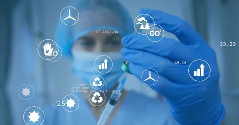 Drawing tech drawing liquid from vial into syringe in lab wearing mask blue Stock Photos
