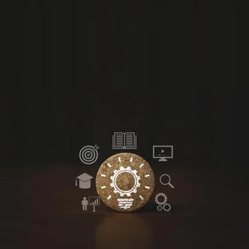 Drawing technical gear lamp with education icons print screen on round woode Foto stock