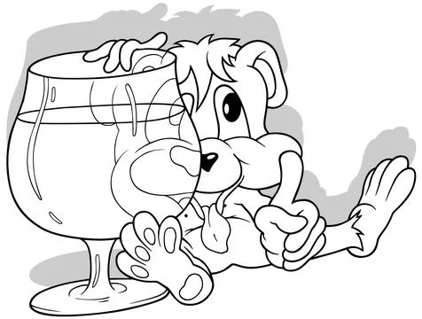 Drawing of a Teddy Bear Sitting on the Ground Behind a Glass of Drink Stock Illustration