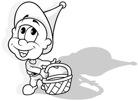 Drawing of a Tiny Dwarf with a Wicker Basket Stock Illustration