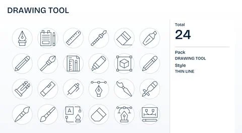 Drawing Tool Vector Icon Library with 24 Thin Line 64x64 Detail Enhanced De.. Stock Illustration