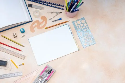 Drawing Tools and Notebook Flat Lay background. Various draw instruments fo.. Stock Photos