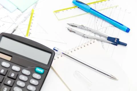 Drawing tools with compass and calculator Stock Photos
