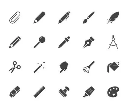 Drawing tools flat icons set. Pen, pencil, paintbrush, dropper, stamp, smudge Stock Illustration