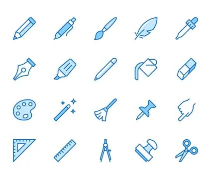 Drawing tools flat line icons set. Pen, pencil, paintbrush, dropper, stamp Stock Illustration