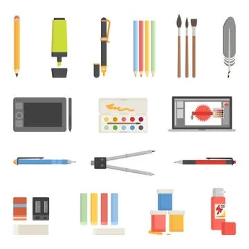 Drawing Tools Icons Flat Set Stock Illustration