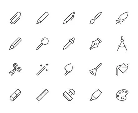 Drawing tools line icons set. Pen, pencil, paintbrush, dropper, stamp, smudge Illustrazione stock