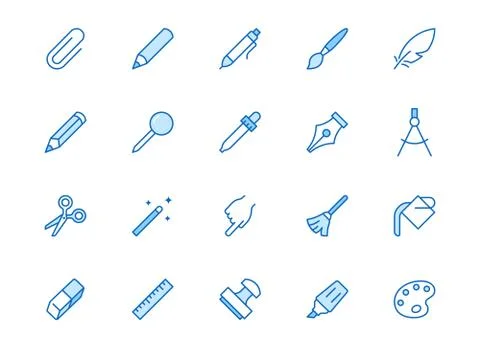 Drawing tools line icons set. Pen, pencil, paintbrush, dropper, stamp, smudge Illustrazione stock