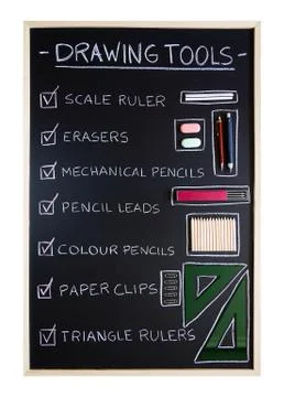 Drawing tools over blackboard background Stock Photos