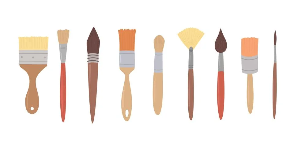 Drawing tools, set paint brushes in row on white isolated background. Artist Stock Illustration