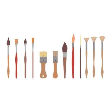 Drawing tools, set paint brushes in row on white isolated background. Artist Stock Illustration