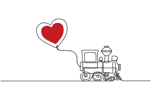 Drawing of a train that carries a heart. Continuous line drawing. Vector illu Stock Illustration
