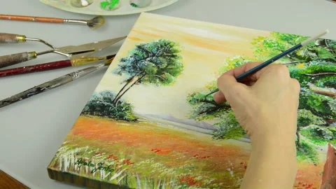 Drawing tree with acrylic colors Stock Footage 148323275